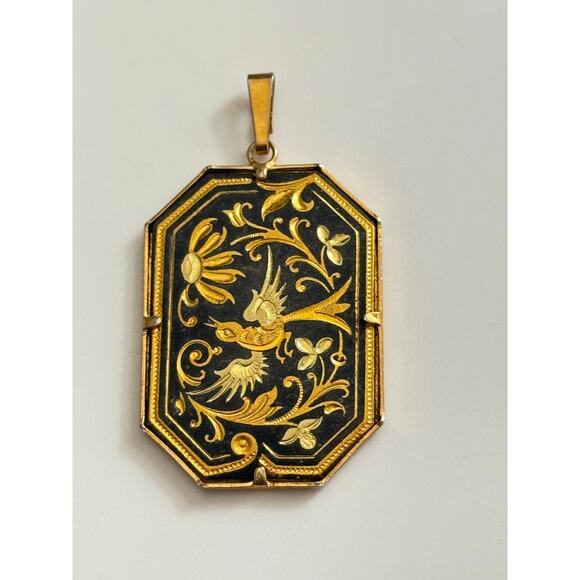 Vintage Damascene Bird With Flowers Gold Plated Pendant - Picture 7 of 7